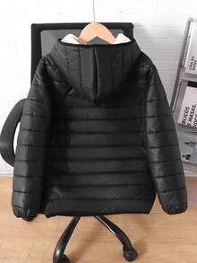 SHEIN Tween Girl 休闲连帽拉链长袖保暖内衬冬季派克大衣，适合通勤、上学、休闲、旅行、秋冬，黑色