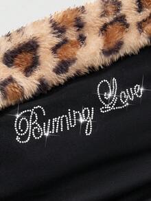 ROMWE Grunge Punk Shibuya Subculture Faux Fur Leopard Print Patchwork Knit Slim Fit Rhinestone Embellished Tube Top For Women - Multicolor - View 3