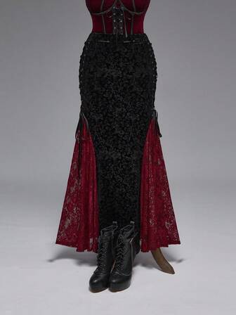 EDITION Gonna a sirena in velluto elegante e gotica, con patchwork in pizzo e motivo damascato in rilievo, taglie comode