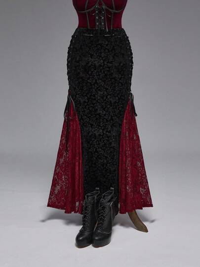 EDITION Plus Size Gothic Elegant Velvet Embossed Damask Lace Patchwork Mermaid Skirt
