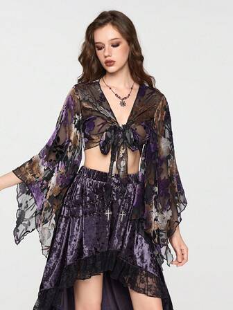 Hippie Blusa de mujer con volantes de manga, con estampado floral y transparente, de estilo lujoso y sensual