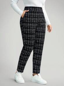 Comfylo 大码女式格子休闲裤，带口袋和侧开衩，适合度假、新年、冬季、商务、秋季和返校季 - 黑色 - 查看 10