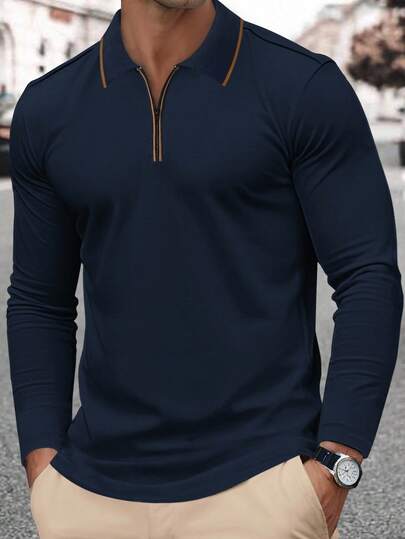 Manfinity Mode Men's Zipper Design Long Sleeve Casual Commuter Quarter Zip Shirt, Fall, Old Money