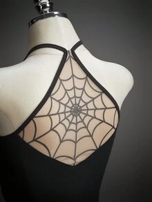 SHEIN ICON Women's Millennial Style Y2K Halloween Cosplay Sexy Personalized Avant-Garde Fashion Simple Mesh Spiderweb Pattern Black Backless Slim Top - Multicolor - View 13