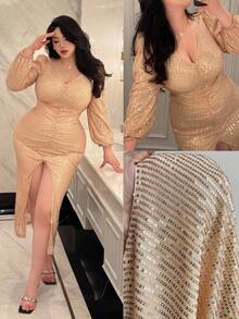 Flirla Luxury Sequin Embellished V-Neck Plus Size Party Gold Dress Fall For Women - Champagne - View 1