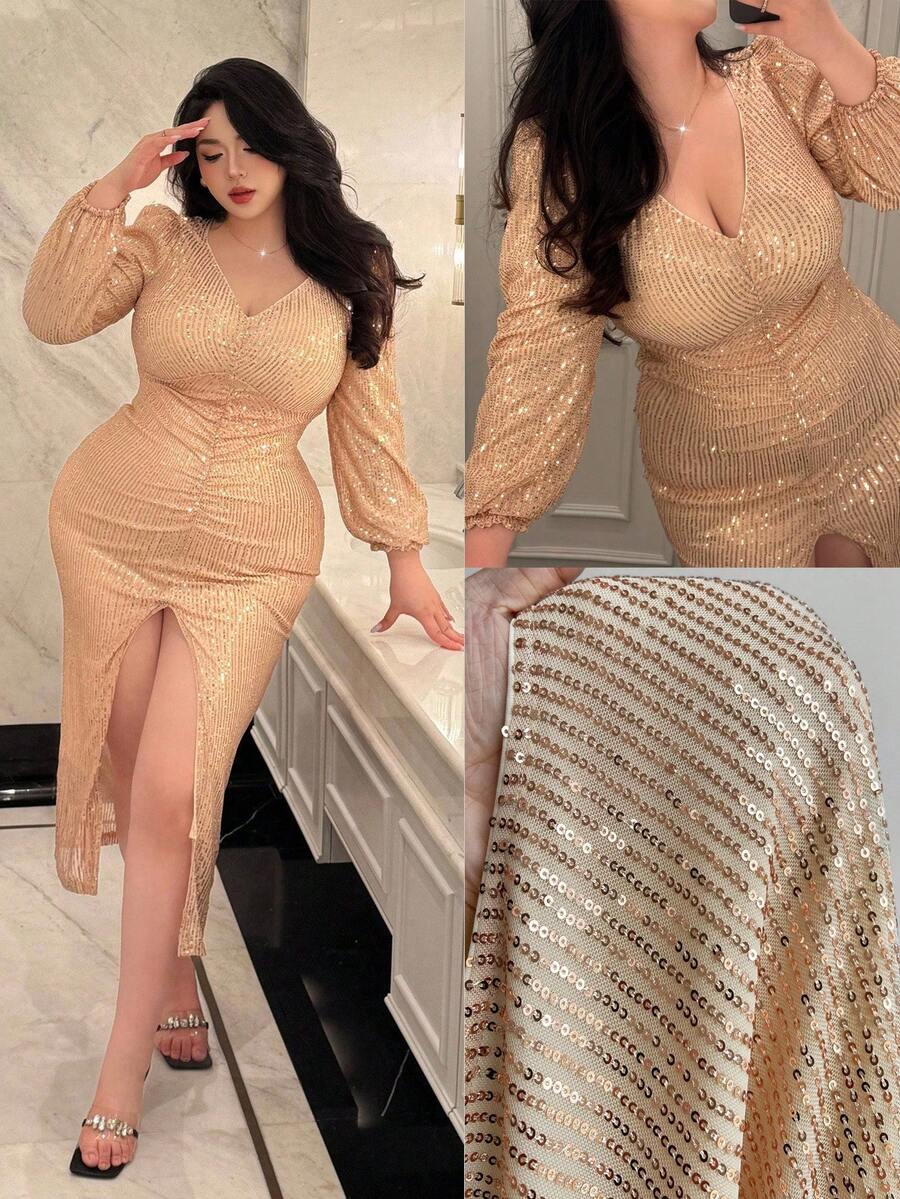 Flirla Luxury Sequin Embellished V-Neck Plus Size Party Gold Dress Fall For Women - Champagne - View 1