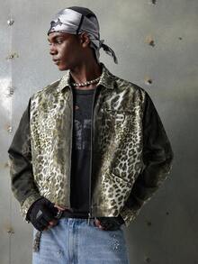 NEON BLANC Men's Fashionable Leopard Print Detroit Long Sleeve Jacket, For Fall Winter - Brown - View 3