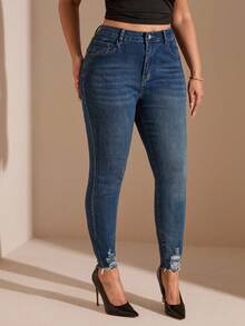 SHEIN BAE Plus Ripped Raw Edge Skinny Jeans, Fall Women Clothes