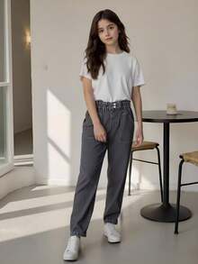 SHEIN Tween Girl Jeans With Ruffled High Waist, School, Campus, College Summer Holiday - Black - View 6