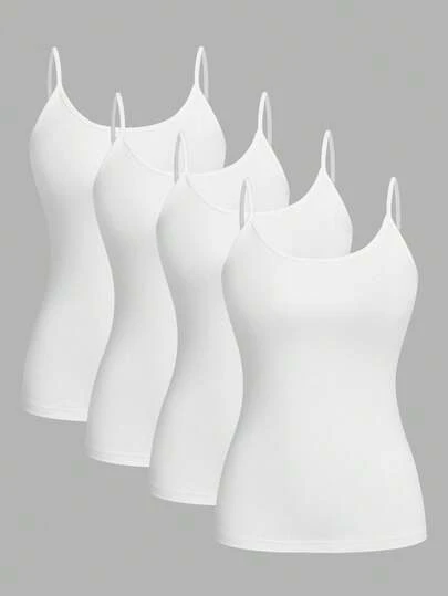 SHEIN EZwear 4pcs White Casual Minimalist Camisole Tank Tops For Women, Suitable For Summer,White Shirt