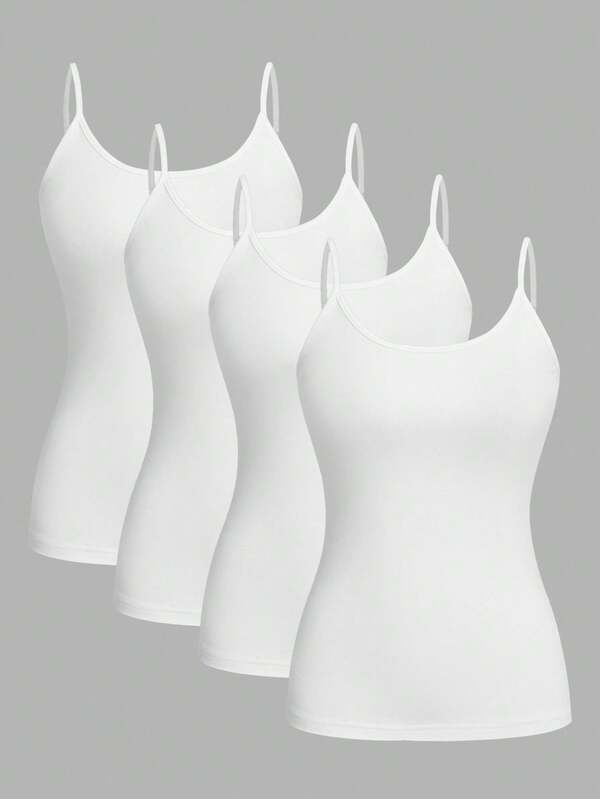 SHEIN EZwear 4pcs White Casual Minimalist Camisole Tank Tops For Women, Suitable For Summer,White Shirt