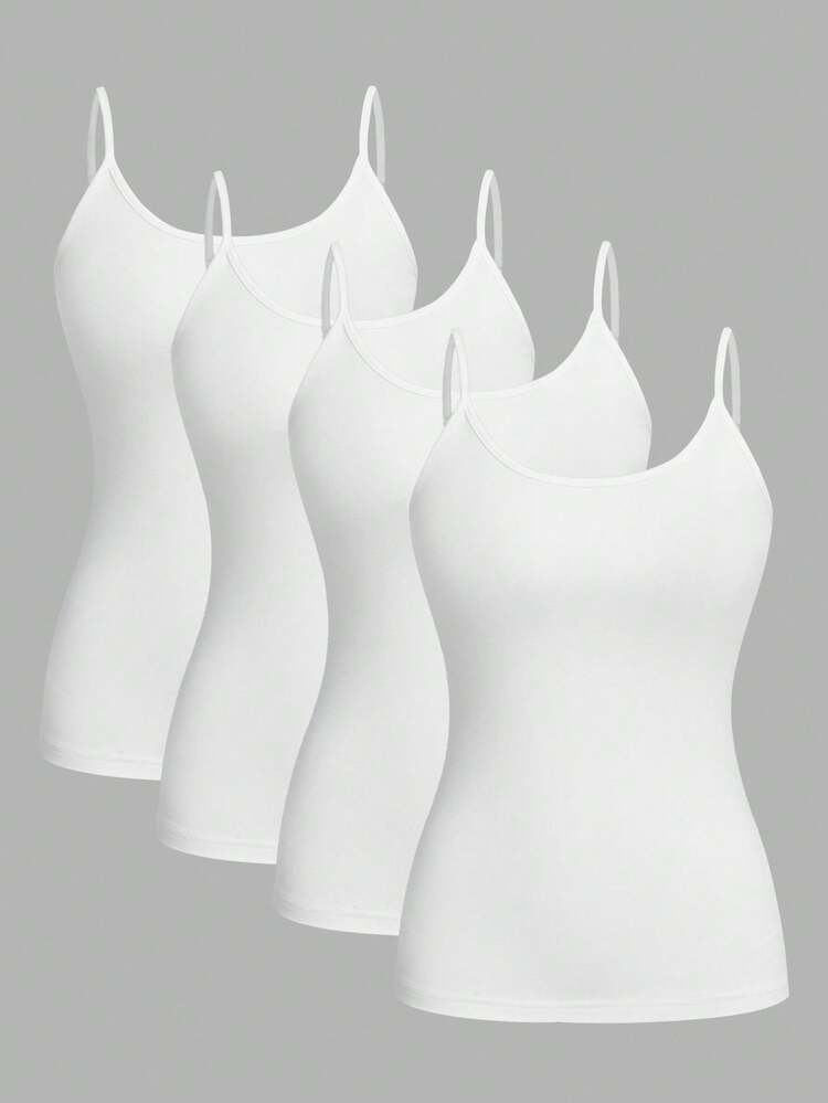 SHEIN EZwear 4pcs White Casual Minimalist Camisole Tank Tops For Women, Suitable For Summer,White Shirt