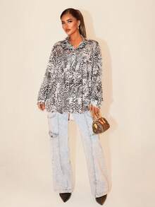 SHEIN Unity Autumn New Vintage French Style Distressed Leopard Print Loose Long Sleeve Women Shirt - Multicolor - View 5