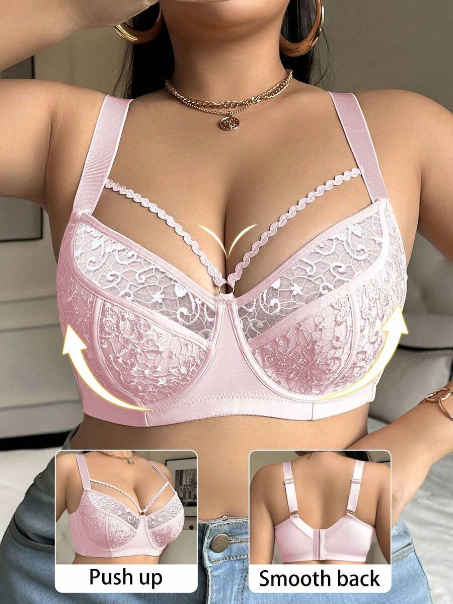 SHEIN 1 件大码网眼刺绣钢圈文胸 - 粉色 - 查看 1