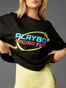 Missguided x Playboy Oversized Graphic T Shirt With Racing Team Print And Short Sleeves For Casual Wear - Black - View 6