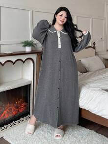 Dazy Plus Plus Size Women Peter Pan Collar Contrast Lace Half Open Front Loose Long Casual Nightgown, Spring/Autumn, For Fall, Winter - Grey - View 4