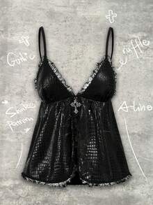 Shutterstock Y2Kool Black, Crocodile Embossed, Lace Patchwork, Metal Cross, Goth, Halloween, Street Style, Sexy, Casual Women Camisole Tank Top, Suitable For Summer, Autumn, Vacation, Gathering, Party, Daily Wear Black Babydoll Top Gothic Top Black Lace Cami Top Black Gothic Top Black Lace Trim Top Gothic Bathing Suit Gothic Tops Gothic Summer Clothes Sequin Romper Y2K Clothes Matching Idea Stylish Clothing Collection New Year Outfits