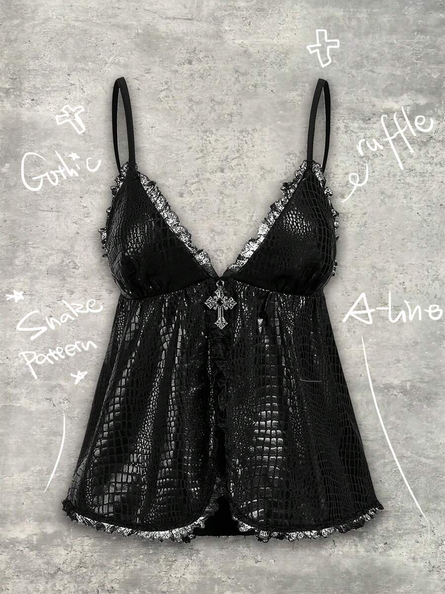 Shutterstock Y2Kool Black, Crocodile Embossed, Lace Patchwork, Metal Cross, Goth, Halloween, Street Style, Sexy, Casual Women Camisole Tank Top, Suitable For Summer, Autumn, Vacation, Gathering, Party, Daily Wear Black Babydoll Top Gothic Top Black Lace Cami Top Black Gothic Top Black Lace Trim Top Gothic Bathing Suit Gothic Tops Gothic Summer Clothes Sequin Romper Y2K Clothes Matching Idea Stylish Clothing Collection New Year Outfits