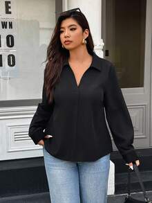 Elegantrix Plus Size Elegant Commuter Solid Color Lace Patchwork Bow Decor Blouse - Black - View 2