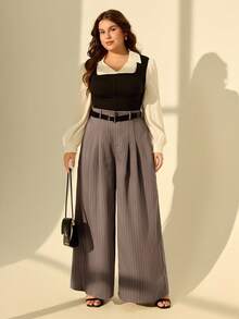 SHEIN MOD Pantalones de traje versátiles de talle grande para mujer, de pierna recta, aptos para uso casual/formal, para trabajo, uso diario, otoño/invierno - Gris - Ver 6
