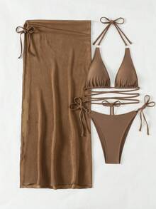 Swim Basics Summer Beach Solid Color V-Neck Halter Bra & Swim Bottom & Beach Cover Up Skirt Bikini Set Bathing Suit - Coffee Brown - View 1