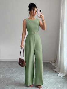 Selianne 法式浪漫一字肩无袖高腰腰带光滑面料金属扣装饰阔腿直筒女连体裤女夏装女办公室服装外出服装 - 薄荷綠 - 查看 4