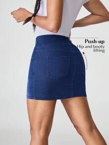 Flexra Women's Asymmetric Waist Bodycon Stretch Denim Mini Skirt - Blue - View 2