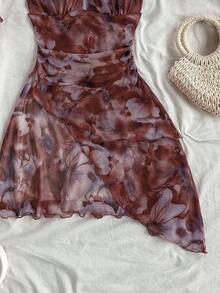 SHEIN Tall CURVE Plus Size Women Floral Print Ruched Asymmetric Hem Vacation Halter Dress - Brown - View 6