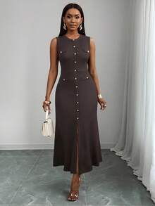 SHEIN PETITE CURVE Đầm không tay cổ tròn màu trơn thanh lịch cỡ lớn, thích hợp để đi làm - màu nâu - Xem 7