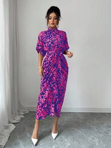 Breezaya 滿版印花蝙蝠袖腰帶襯衫連衣裙 - 彩色 - 查看 6