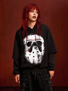 Friday the 13th X ROMWE 女士口罩图案长袖连帽二合一运动衫 - 黑色 - 查看 3