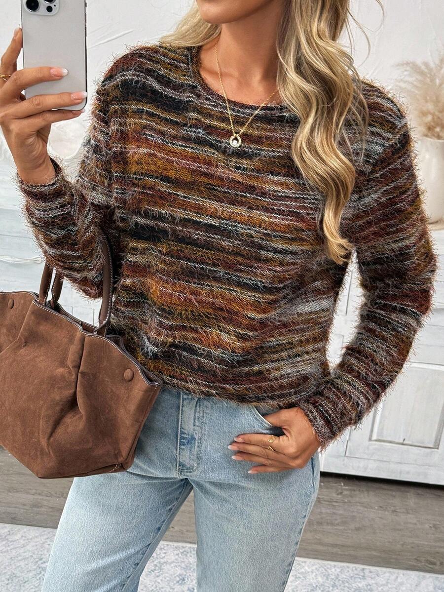 SHEIN LUNE Women's Casual Faux Fur Crew Neck Long Sleeve T-Shirt Women's Country Going Out Fall For Women Autumn Winter Fall Top Halloween Costumes Chic Long Sleeve Party Top,Casual - Multicolor - View 1