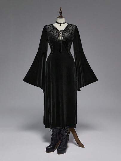 Goth Vestido de terciopelo sexy con cuello gótico y cintura anudada para talla grande, Vestido ajustado de encaje y parches para talla grande para otoño, Vestido de terciopelo y encaje elegante estilo palaciego gótico para talla grande para fiesta