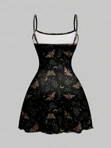 ROMWE Goth Vestido curto feminino com estampa gótica floral, mariposa, borboleta, folha, sol e lua, verde escuro e preto - Preto - Ver 2