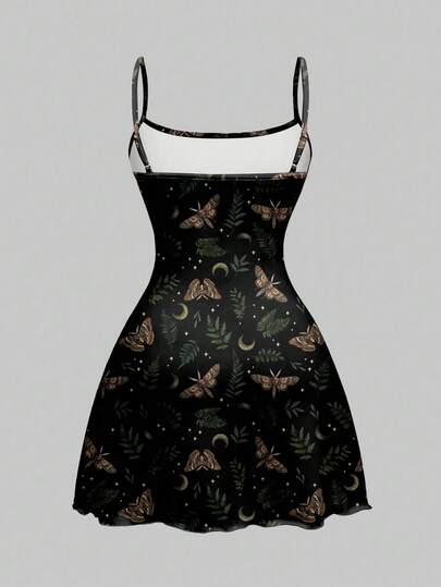ROMWE Spring/Summer Carnival Party Casual Graphic Black Gothic Floral, Moth, Butterfly, Leaf, Sun & Moon Allover Print Mini Dress For Women, Dark Green & Black