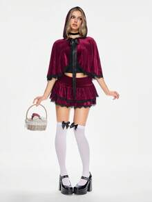 ROMWE Avant 2 件套女士万圣节角色扮演小红帽斗篷和迷你裙套装 - 酒紅色 - 查看 7