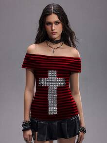 ROMWE EDITION Punk Sexy Y2K Striped Rivet Cross Women's Slim Fit T-Shirt - Multicolor - View 8