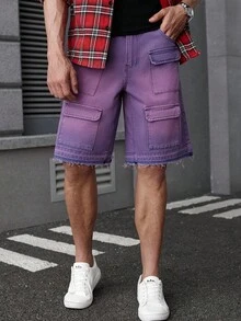 Manfinity Homme 男士休闲水洗牛仔工装短裤，夏季 - 紫色 - 查看 6