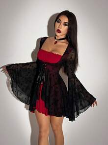 SHEIN ICON 女式万圣节角色扮演哥特式性感长袖喇叭蕾丝派对巫术时尚深色植绒网眼撞色迷你连衣裙秋季 - 黑色 - 查看 14