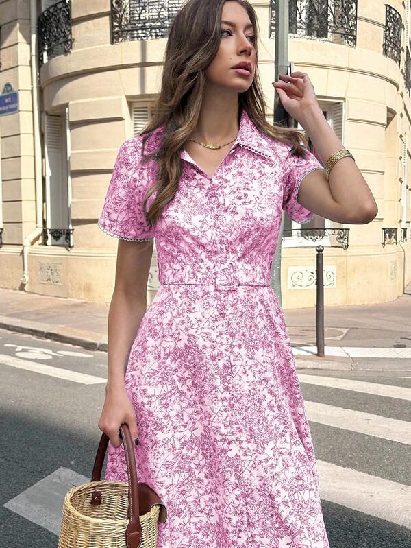 Pariaura 女士优雅度假蓝白花卉印花领口系带腰部荷叶边短袖连衣裙