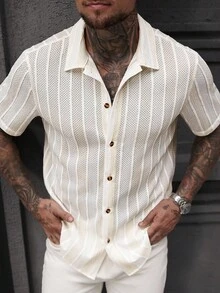 Manfinity Roughcore 男士休闲条纹 Polo 领衬衫 - 白色 - 查看 1