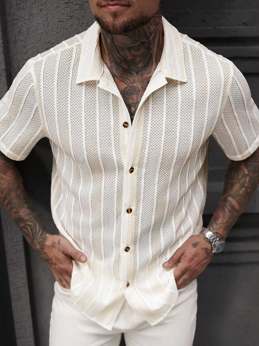 Manfinity Roughcore 男士休闲条纹 Polo 领衬衫 - 白色 - 查看 1