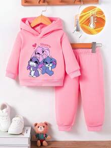 SHEIN Playful Pals 2pcs Baby Girl Outfit, Cute Cartoon Rabbit & Letter Print Hoodie Sweatshirt And Pants Set, Suitable For Outings In Autumn/Winter Fall - Pink - View 3