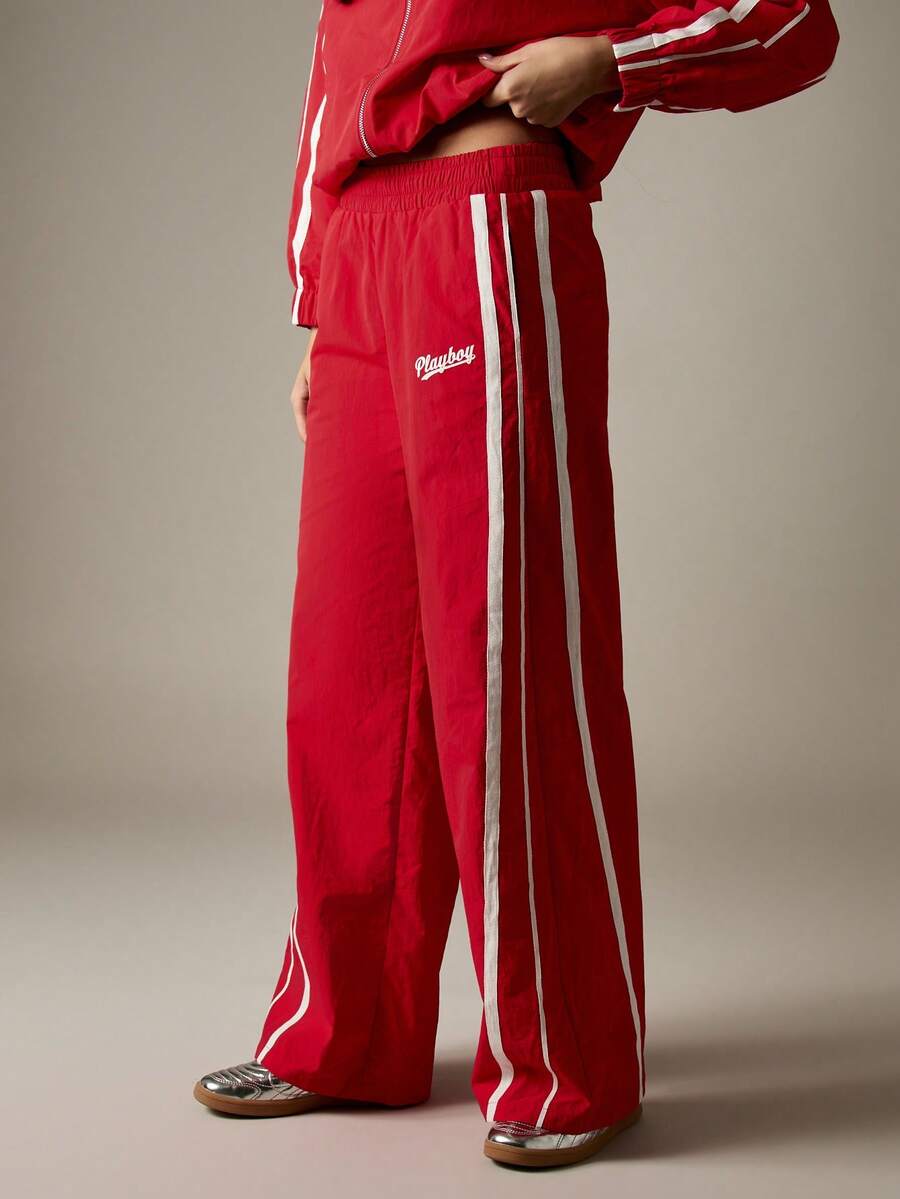 Missguided x Playboy Christmas Wide Leg Drawstring Sweatpants With Side Stripe Detail For Casual Everyday Comfort - Red - View 1