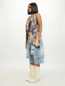 SUMWON WOMEN Vintage Shell Print Draped Halter Top Elegant Flowy Asymmetrical Cowl Neck Summer Evening Party Beachwear Resort Scarf Style Festival