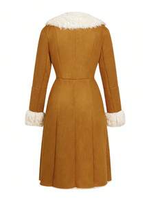 Ellevyn 翻领仿皮草内衬鹿皮绒面革夹克，秋冬舒适 - 棕色 - 查看 8