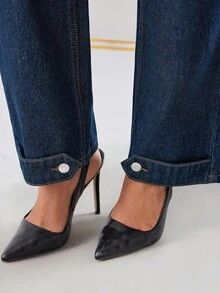 EURMUSE Hochbund Slim Straight Saum Detaillierte Jeans - Dunkle Waschung - Übersicht 4