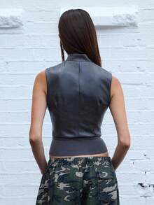 COUREZ Faux Leather Zip Up Vest /Y2K  Women Clothes  Clothes Cute Tops Going Out Top Spring Jacket Elegant - Black - View 3