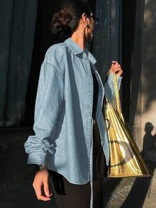 DAZY Women's Casual Commuter Side Tie Denim Blouse Long Sleeve - Light Wash - View 4