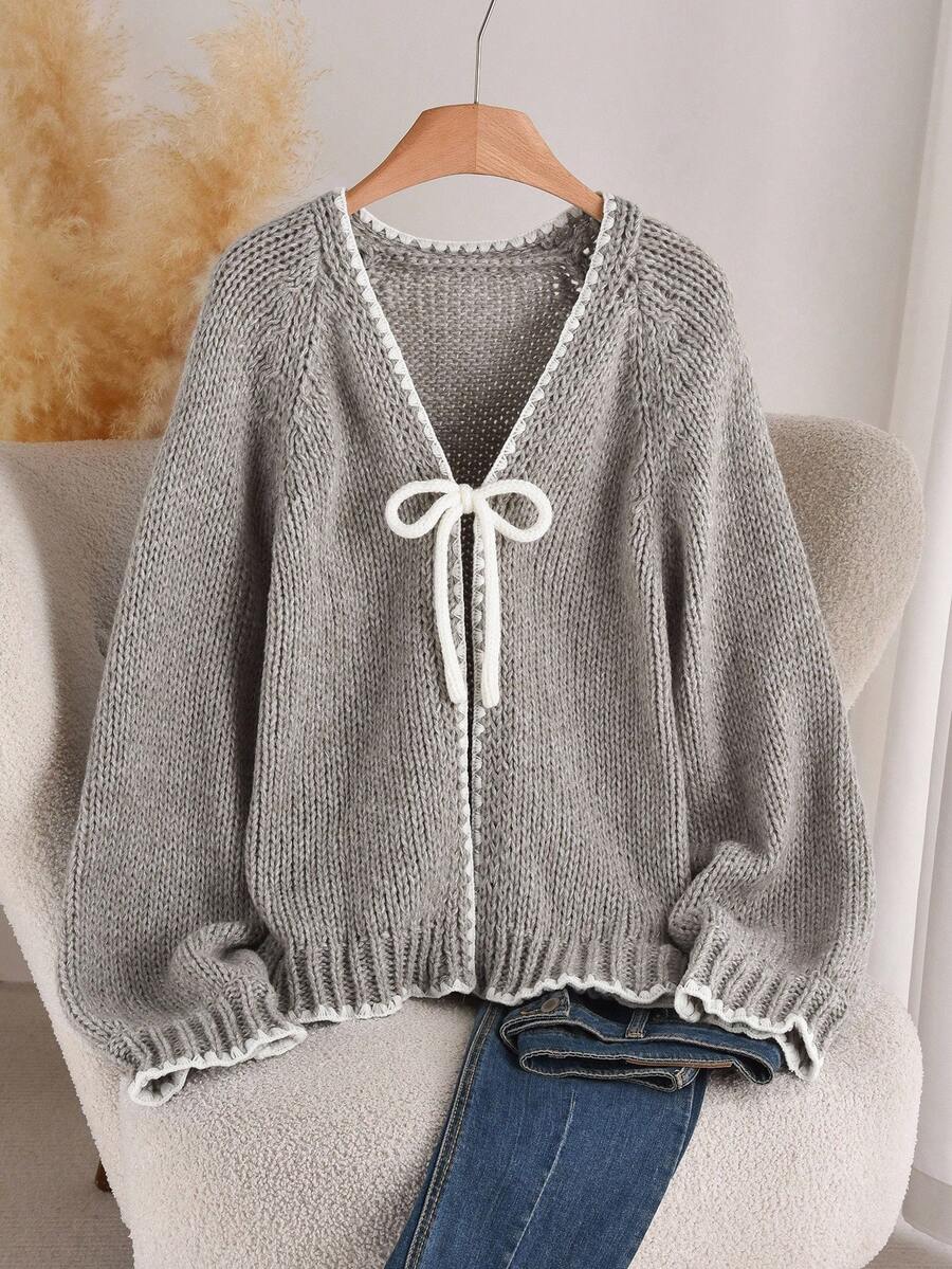 CosyJoli Áo len cardigan dáng rộng cỡ lớn có nơ thắt nơ trang trí tương phản cho mùa thu/đông - Xám - Xem 1